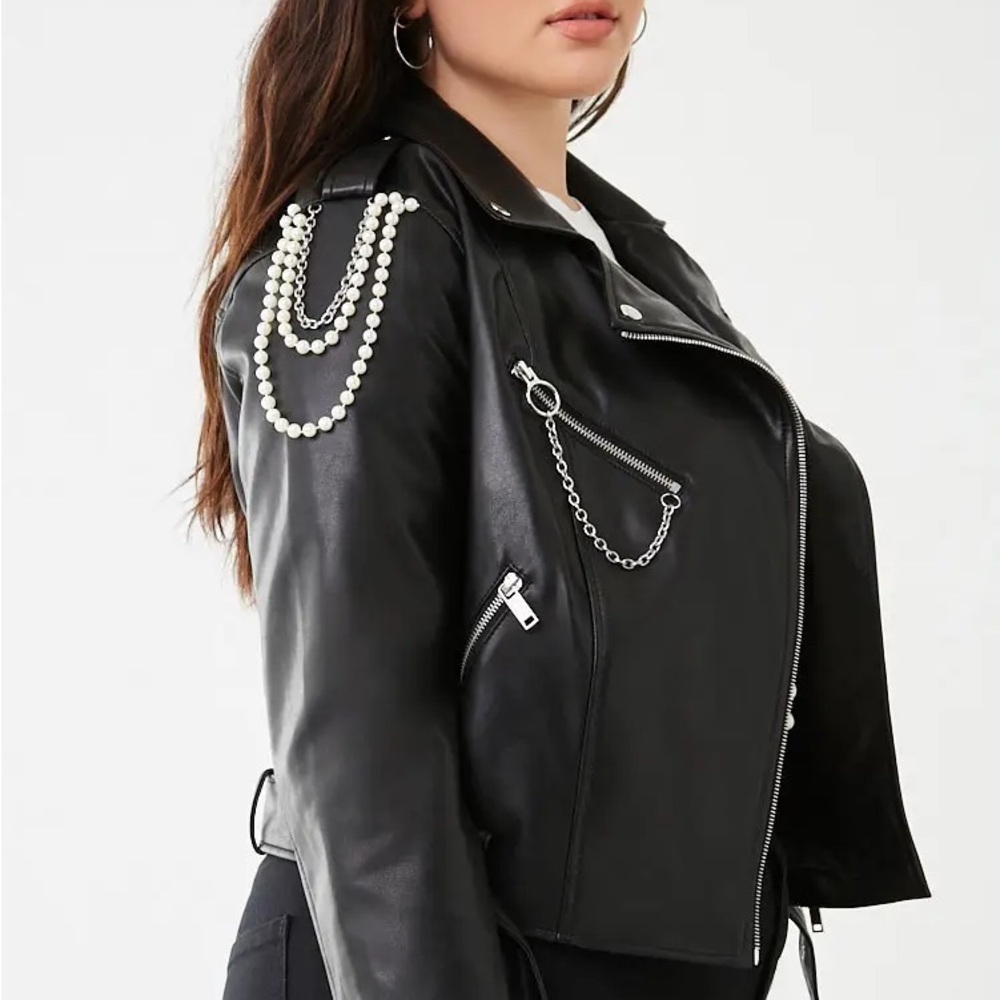 NWT Black Leather Jacket with Chain & Pearl Detail